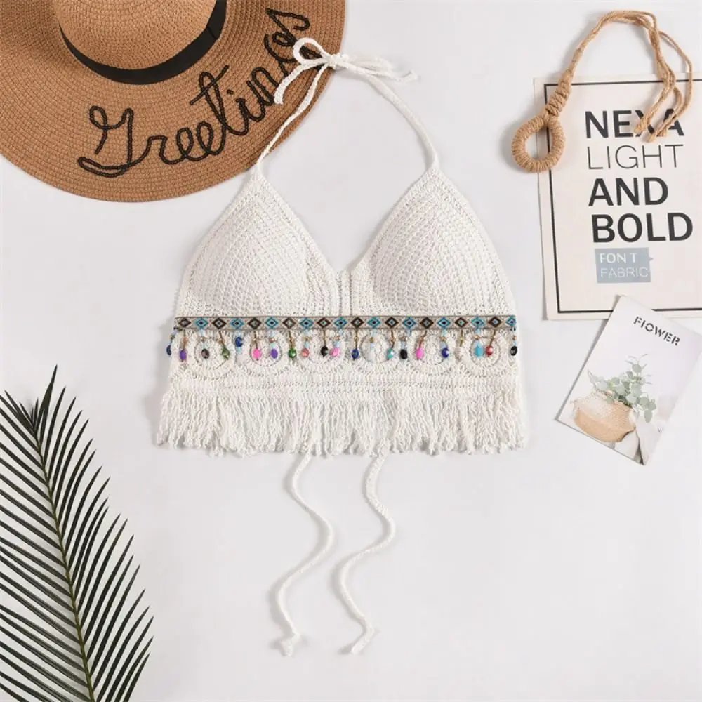 Sexy Hollow Out Short Tank Top Tassel Summer Beach Women Underwear Embroidery Knitted Bra