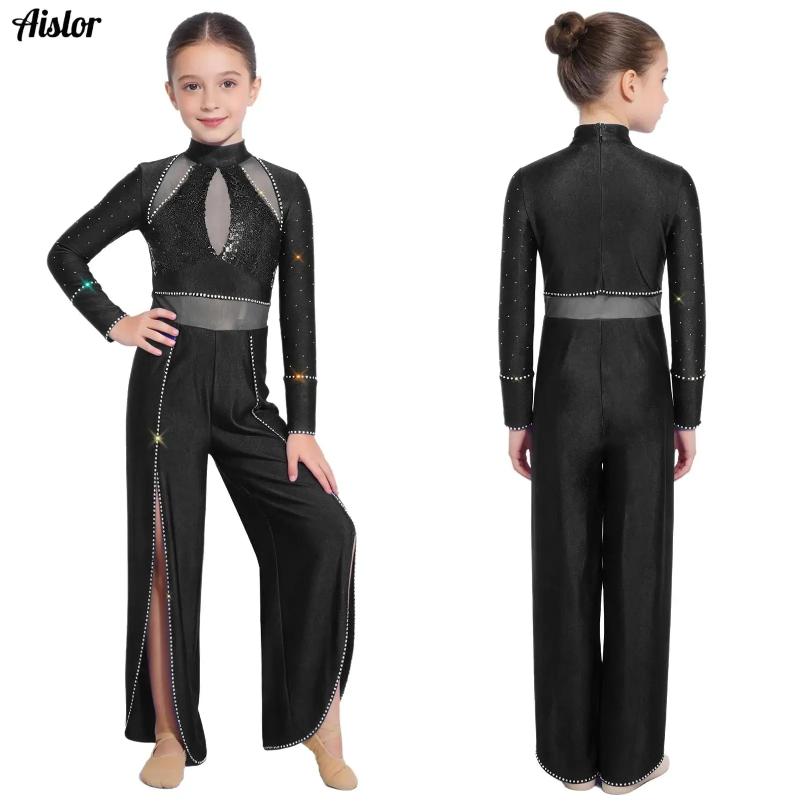 

Kids Girls Ballet Dance Competition Jumpsuit Lyrical Jazz Skating Dancewear Long Sleeve Sequins Mesh Bodice Wide-Leg Bodysuit