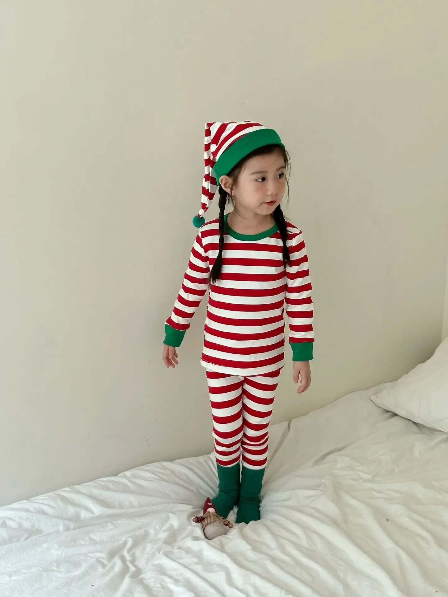 Children Clothing Striped Pajamas Pants and Hat Suit 2024 Autumn Winter New Boys Girls Cotton Homewear Christmas Three Piece Set