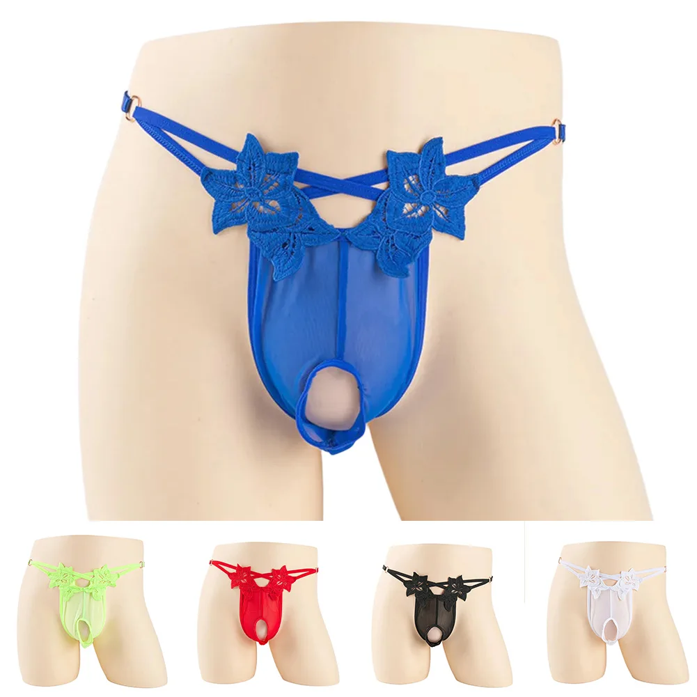 

Men Sexy Front Hole Mesh Underwear T-back Embroidered Thong G-string See Through Temptation Underpant