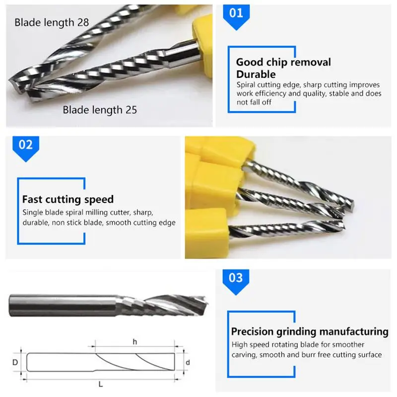 3.175 Carburo di tungsteno Utensile CNC Up & Down Fresa a compressione Fresa a spirale CNC Un flauto MDF Legno Punte da lavoro in metallo