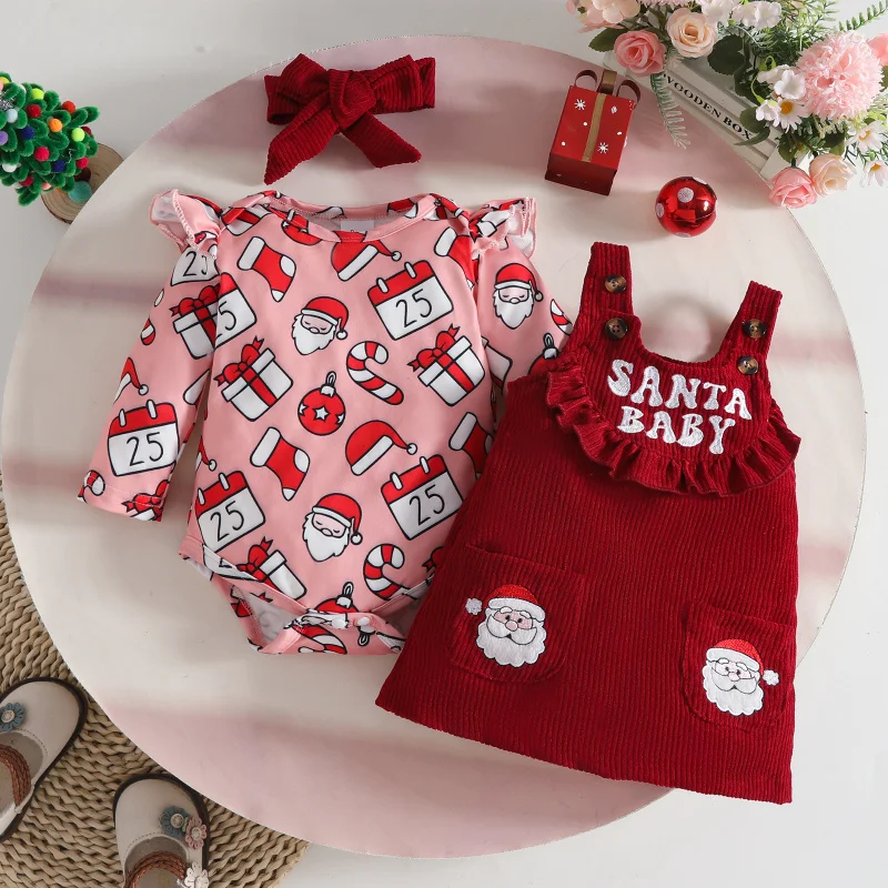 

3Pcs Baby Girl Clothes Outfit Sets Cartoon Bodysuit+Suspender Dress+Headband Suit for Newborn Baby Girl Christmas Clothing