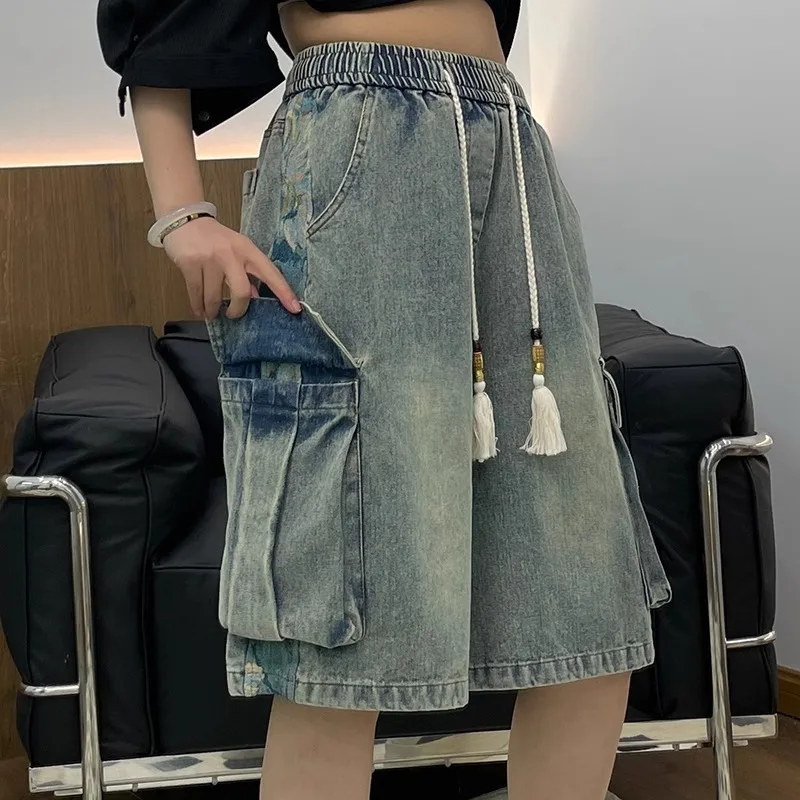 

KIDWHXR Summer Man Knee-length Pant Korean Patchwork Loose Staight Male Shorts Elastic Waist Drawstring Pocket Men Casual Shorts