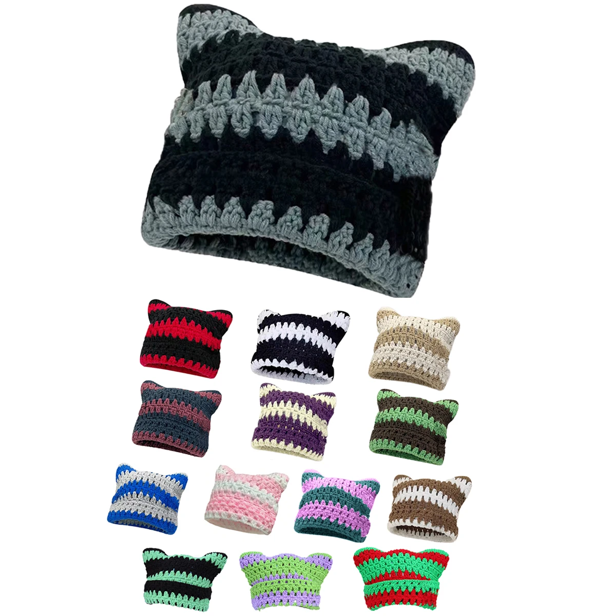 Handmade Crochet Knit Hollow Pullover Bohemian Style Two Color Spliced Punk Y2K Street Style Hip Hop Fun Striped Knit Hat