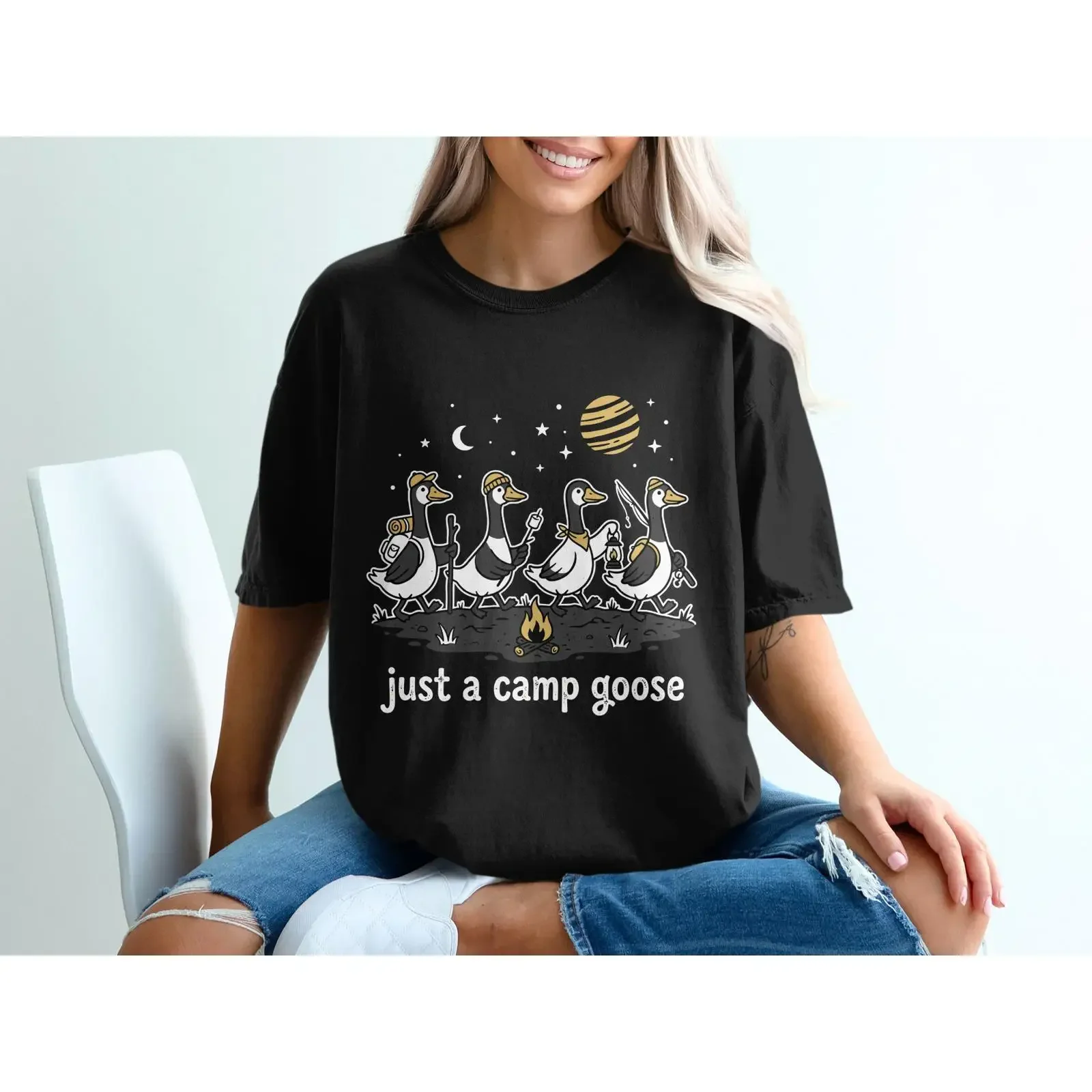 Funny Camping Geese T Shirt Whimsical Hiking Adventure vintage Washed fashion Top For Everyday Wear Unisex Stylish Comfortable