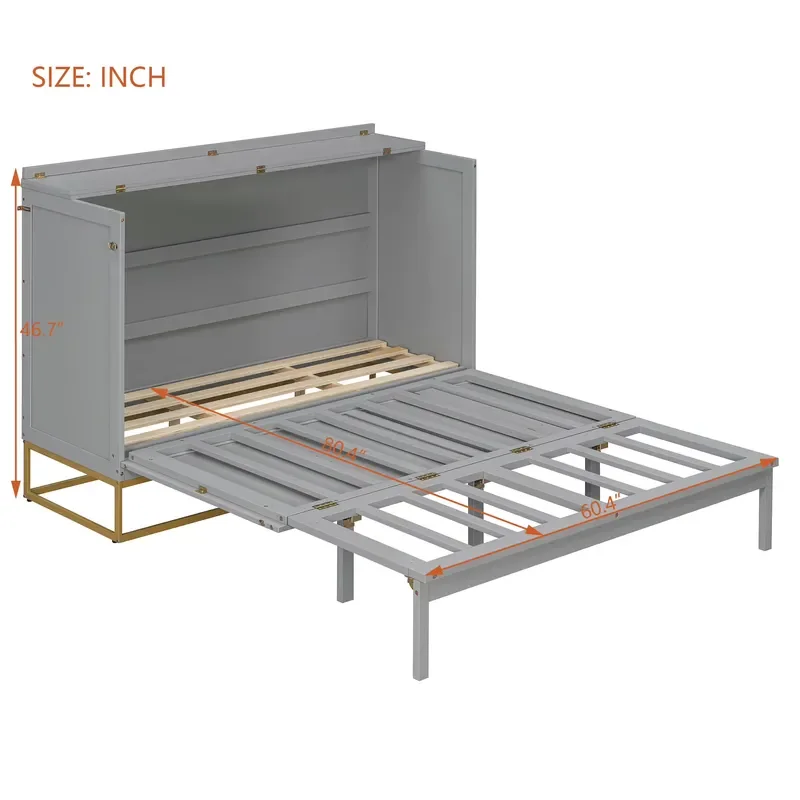 Modern Murphy Queen Bed Wood Panel Metal Legs Imitation Drawer Space Saving Storage Wall Bed view 6