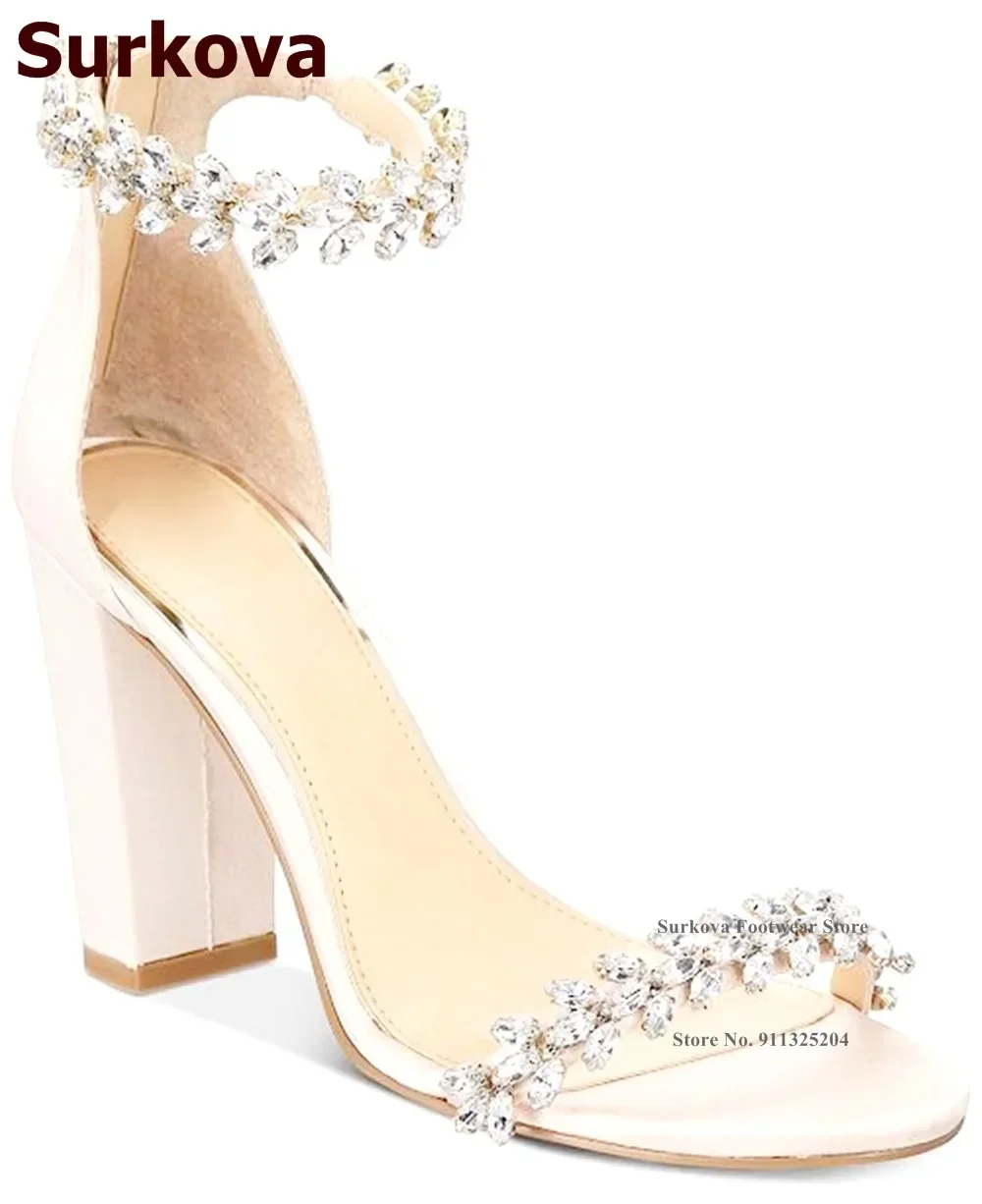 Surkova Champagne Satin Chunky Heel Sandals Bling Bling Crystal Floral Wedding Shoes Shining Rhinestone Embellished Party Pumps