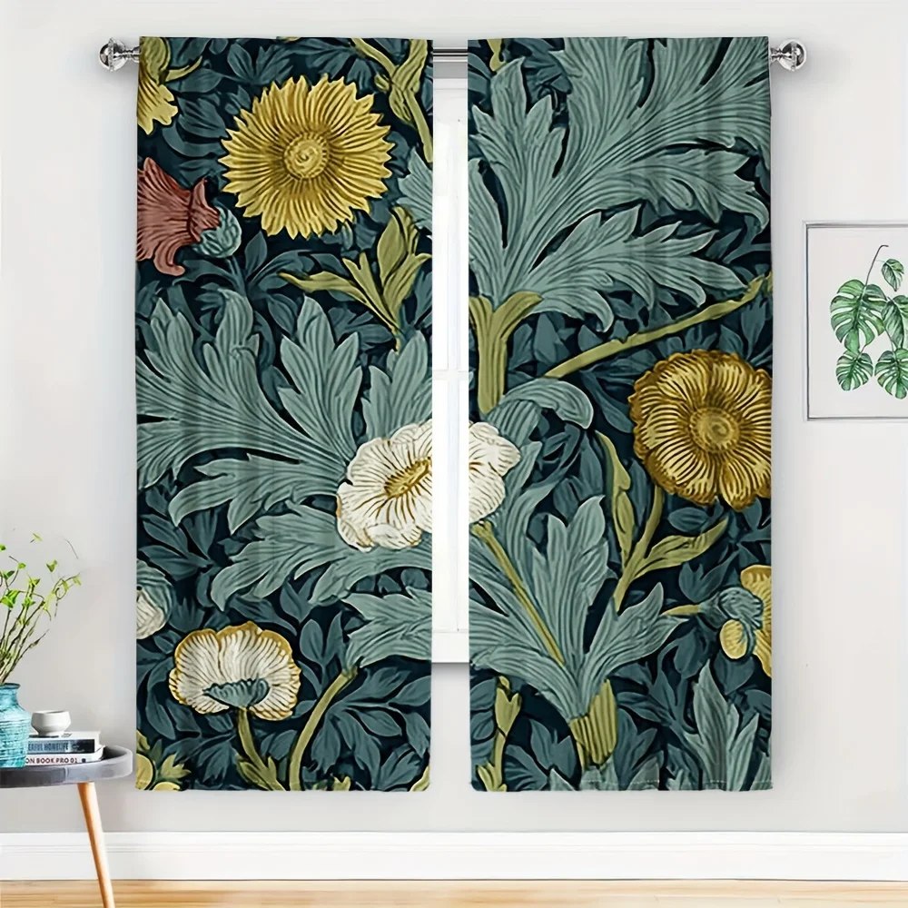 2pcs William Morris Honeysuckle Curtains No Rod — Deep Teal with Bold Floral & Acanthus Leaves, Sheer Polyester for Living Room