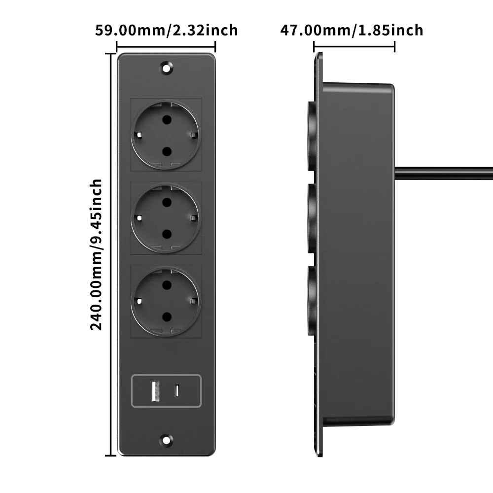 EU Black Recessed Countertop Socket 3 AC Outlets USB A+C Ports 1.5M Extension Cord 3680W Surge & Overload Protection for Office