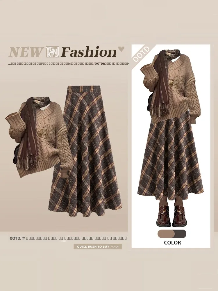 

Художественный вязаный свитер в стиле ретро, клетчатая юбка, женская зимняя дорожная юбка, маленький размер, комплект Ele, повседневный осенне-зимний комплект