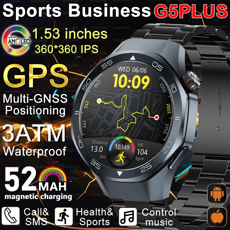 

2025 Новые спортивные деловые часы G5 PlUS Смарт-часы для мужчин 1,53-дюймовый HD AMOLED-экран GPS трек Сердечный ритм Компас Смарт-часы с голосовым вызовом