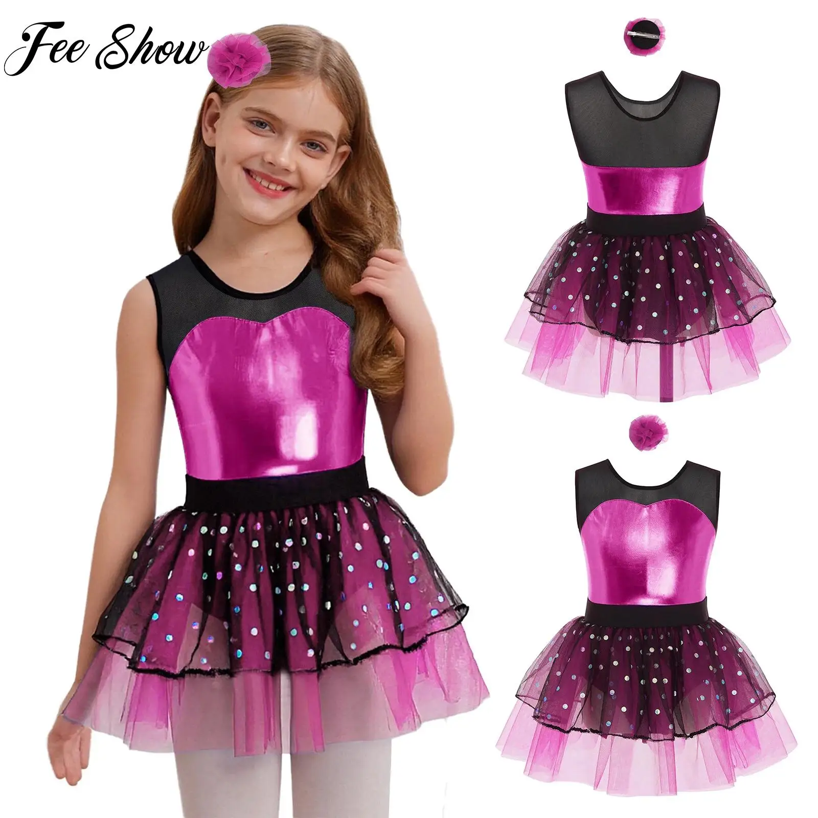 

Girls 2Pcs Gymnastics Ballet Dance Outfit Performance Costume Sleeveless Sheer Mesh Metallic Bodice Tulle Tutu Dress+Headwear