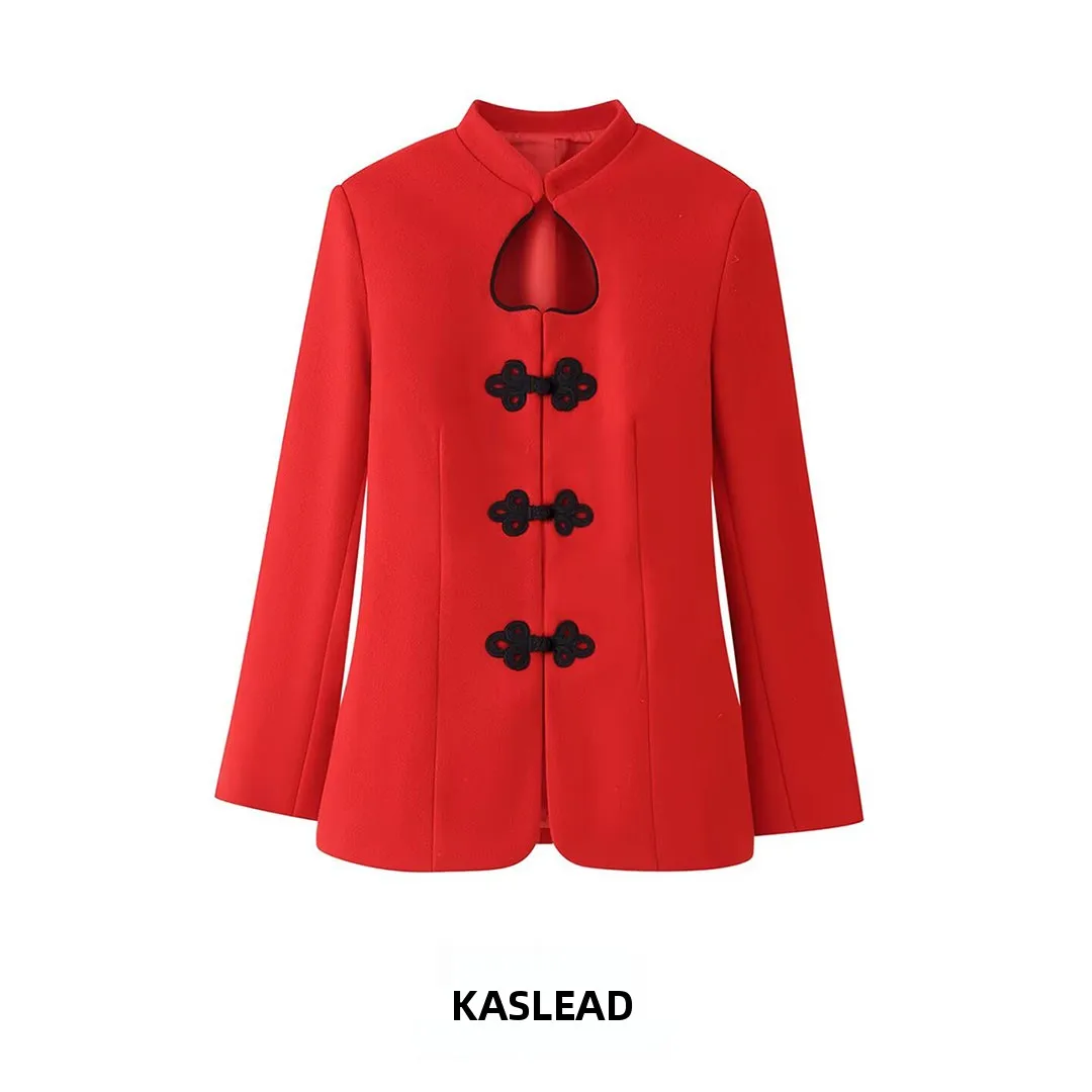 

KASLEAD New Women's Fashionable Street Style Heart Shaped Hollow out Woolen Coat Long Sleeve Polyester Fiber Spring Season