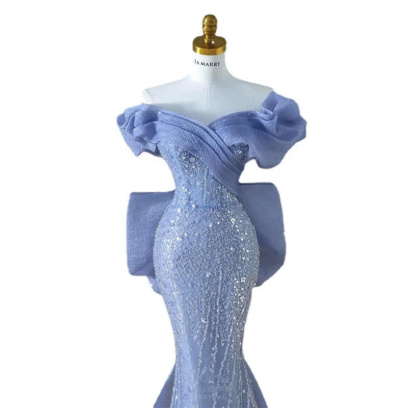 Robe de Bal Bleue de Luxe avec Col en V, Paillettes et Perles, Poignée de Sirène avec Traîne à Nministériels d Amovible, Plissée, Nouvelle Collection Éducative