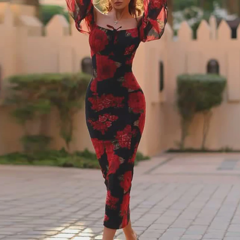 Fashion V-neck Long Sleeved Spring Summer Dress Casual Vacation Floral Print Maxi Dress Elegant Women High Waist Wrap Hip Dress