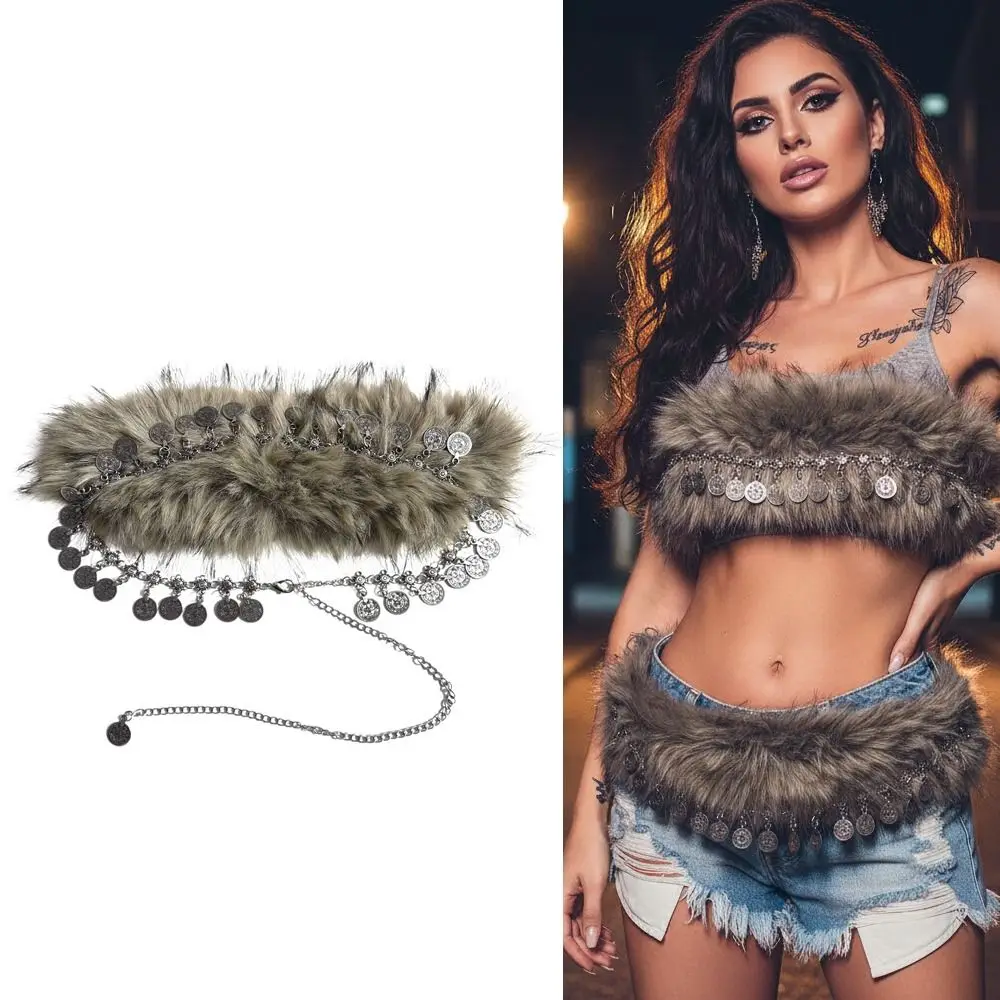 خمر العصرية تصميم فو الفراء أحزمة فتاة حار فاسق جولة عملة أحزمة وسط سلسلة معدنية Y2K شرابة الخصر سلسلة النساء الموضة