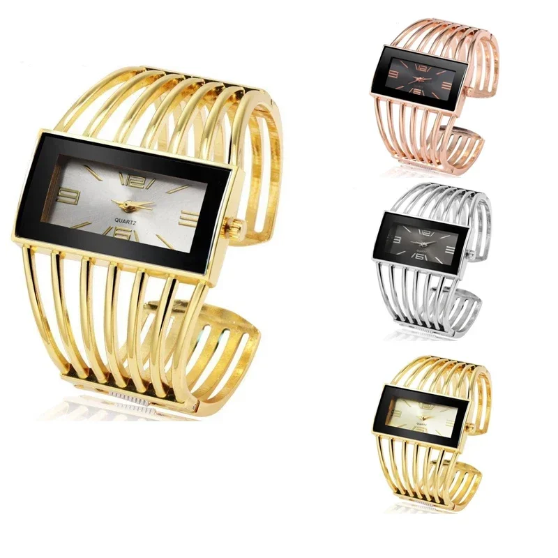 Women Luxury Cuff Bracelet Rectangular Dial Hollow Analog Quartz Wrist Watch for Ladies