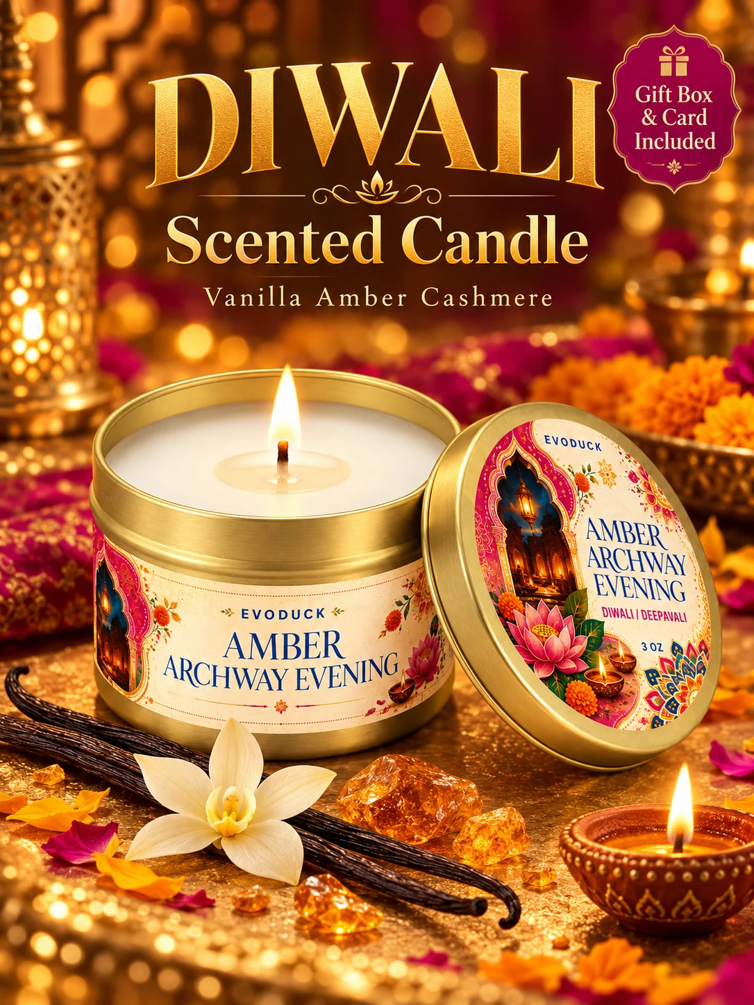 Deepavali Diya Candle Set 4 Pack Lotus Lantern Rose Cardamom Scented Tin Candles Diwali Festival of Lights Table Decor Gift Her