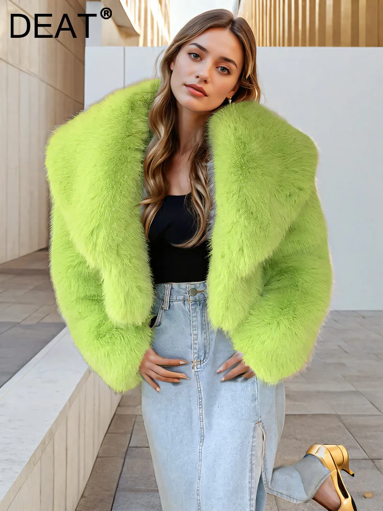 DEAT Fashion Women\'s Faux Fur Coat Lapel Loose Long Sleeve Fluorescent Green Thick Warm Imitation Fox Fur Jacket Winter 2024 New