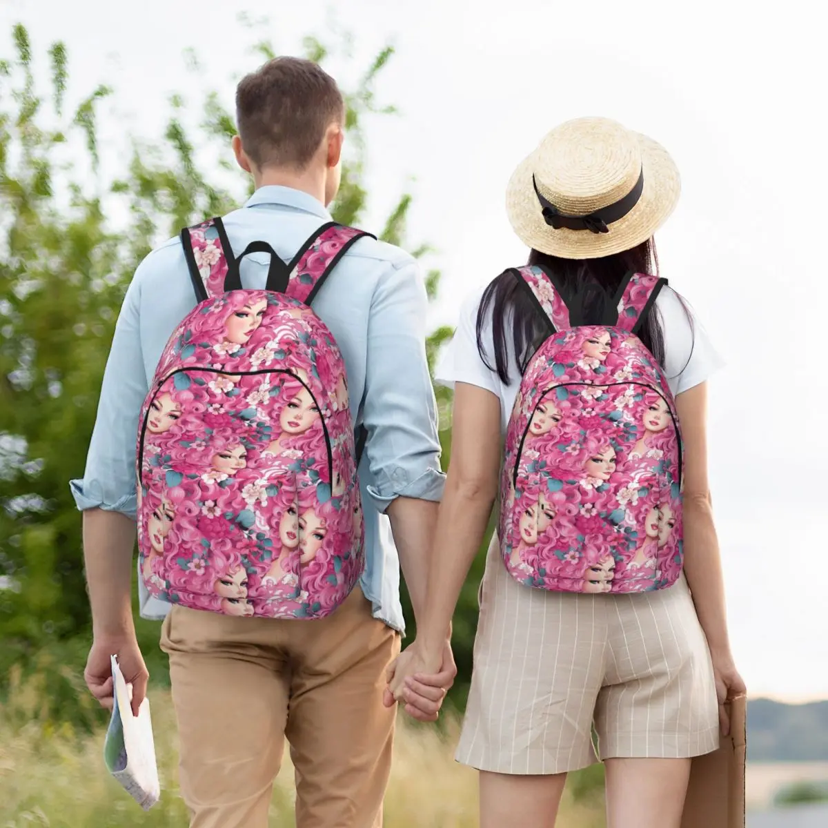 Personalizado rosa Barbies enfrenta lona mochila, Bookbag básico para a escola e faculdade, homens e mulheres