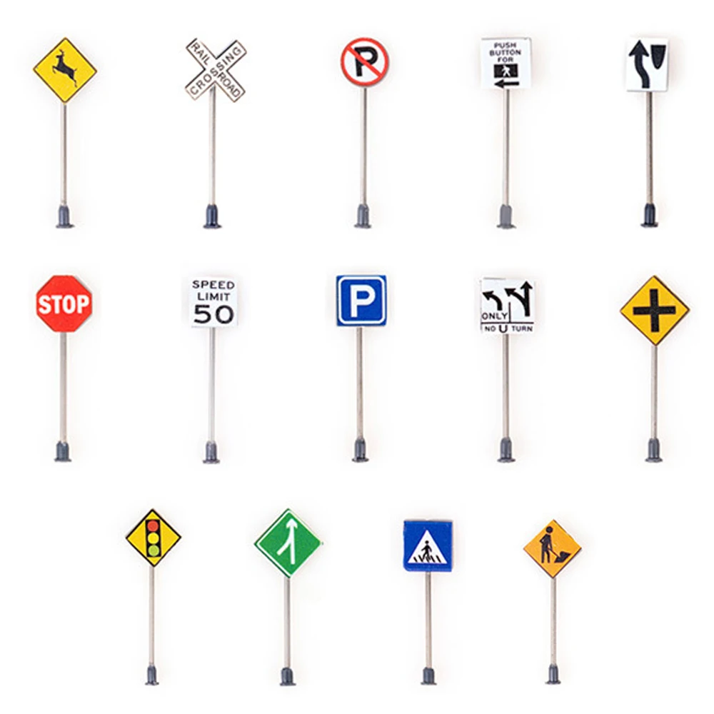 14Pcs/set Road Street Traffic Signs Signage Model Outdoor City Street Scene Display Model Building Toy for Play Cake Decorations