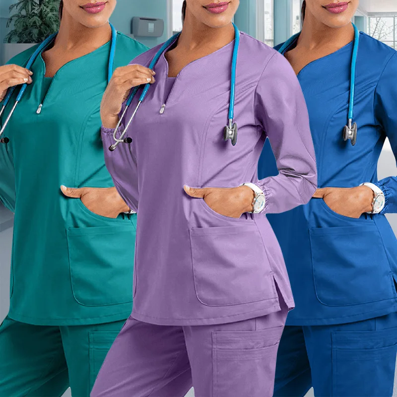 Fashion Nurse Uniform Elastic Breathable Spandex Slim Tops Long Sleeve Lab Overalls Scrub Clothes Women Beauty Salon Accessories