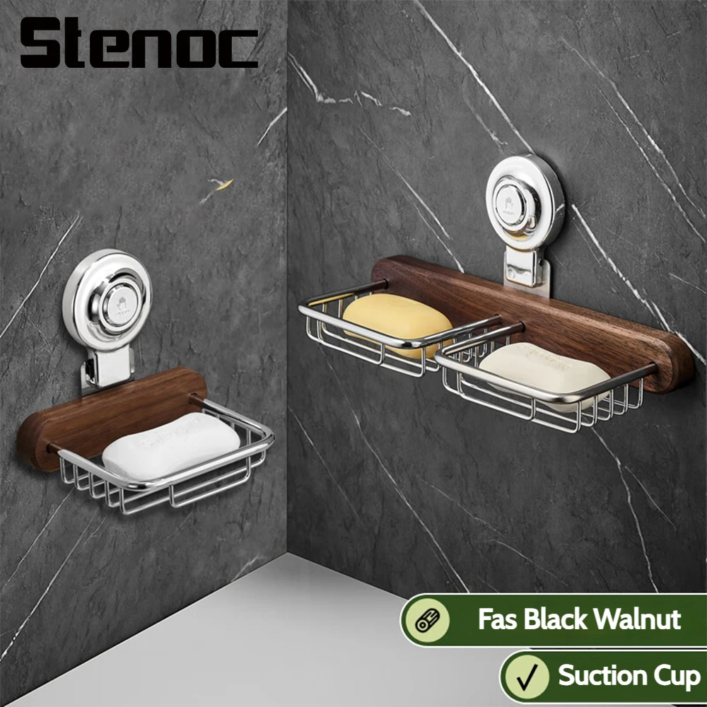 

No-Drill Suction Cup Wooden Walnut Wall-Mounted Silver Bathroom Shelf Washroom Soap Box Drain Rack Space-Saving Bathroom Storage