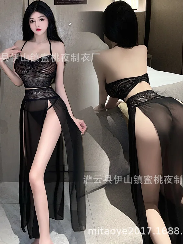 Temptation Elegant Transparent Dress Fun Lingerie Hot Lace Lace Bra Sexy High Split Long Dress Night Club Role Play Dress 8UOS