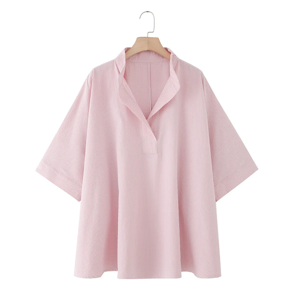 

2025 летняя новая женская одежда, простая повседневная свободная рубашка в розовую полоску с накидкой