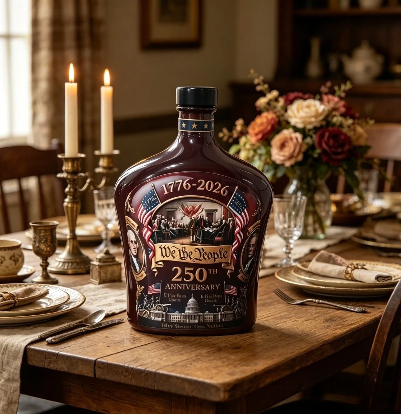 Vintage Declaration-Inspired Liquor Flask,Patriotic Print Glass Whiskey Bottle, Decorative Bar Accessory for Home & Party Use