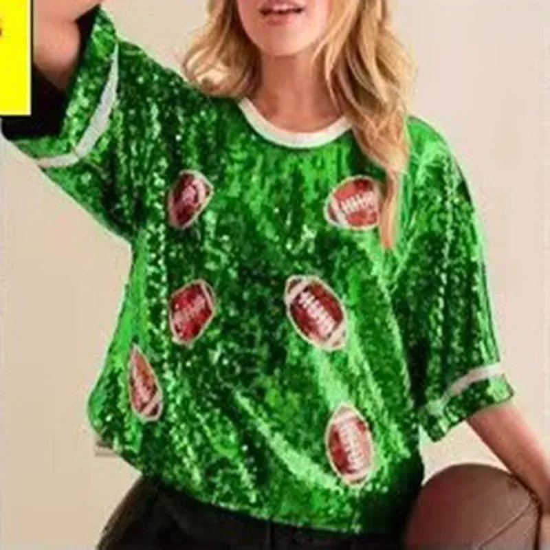 Summer Short Sleeve Loose Geometry Letter Design Women's Wear Sequins Streetwear Night Club Hip Hop Straight T-Shirt