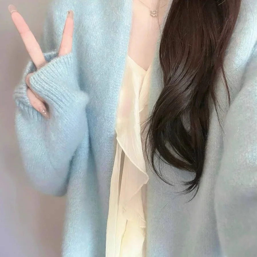 

Mid-Long Cardigans V Neck Womens Winter Hollow-Out Thicker Holiday Slim-Fit Fur-Trim Vintage Half-Zip Sleeve Harajuku Wool-Feel