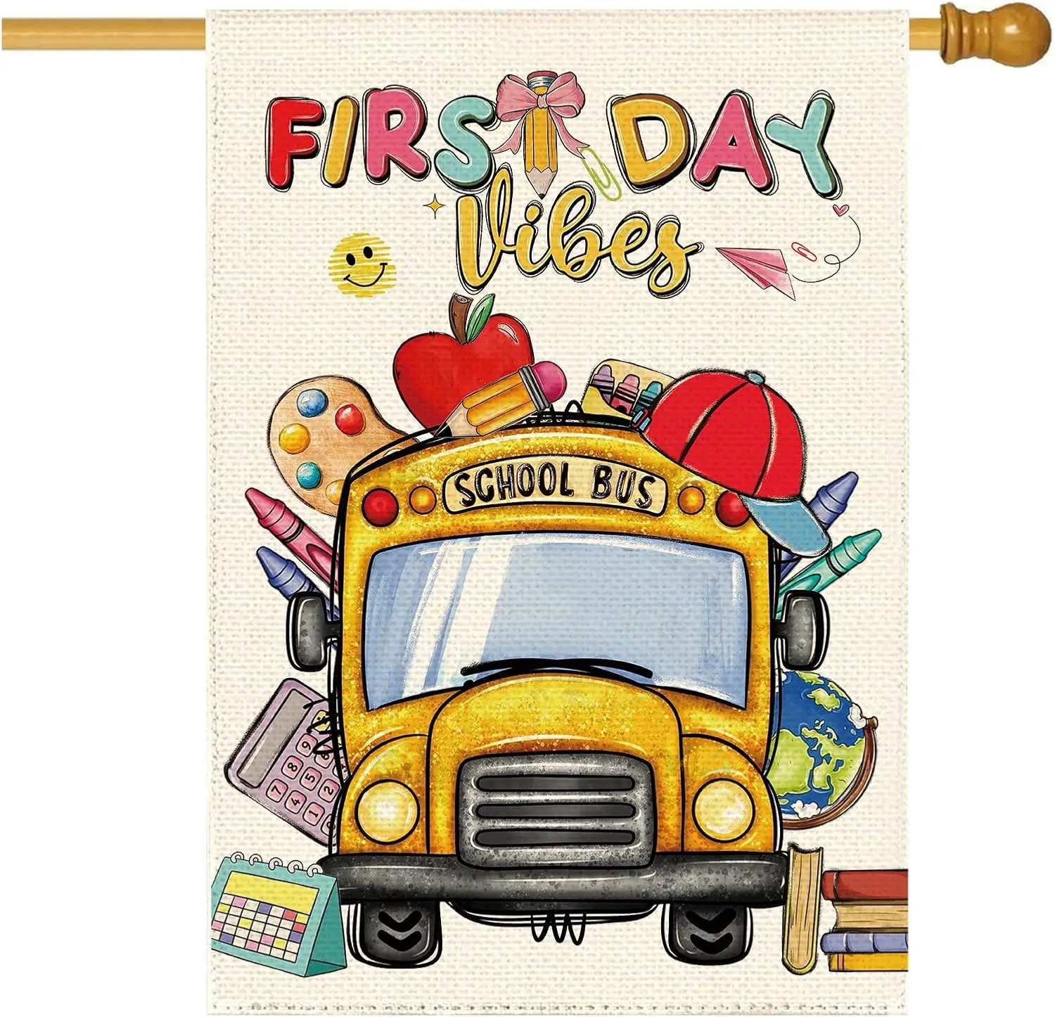 Back To School Yellow School Bus Garden Flag 28 x 40 Inch Double Sided, Firs Day Vibes Apple Large House Flag Vertical Fall  LLE