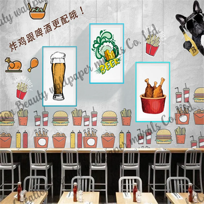 Custom Fried Chicken Beer Wallpaper Mural Industrial Decoration Fast Food Restaurant Snack Bar Background Wall Papel De Parede