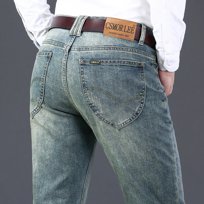 

Классические брендовые повседневные джинсы 2025 года, мужские высококачественные тонкие эластичные мужские хлопковые брюки в стиле ретро с вышивкой, джинсовые брюки Homme