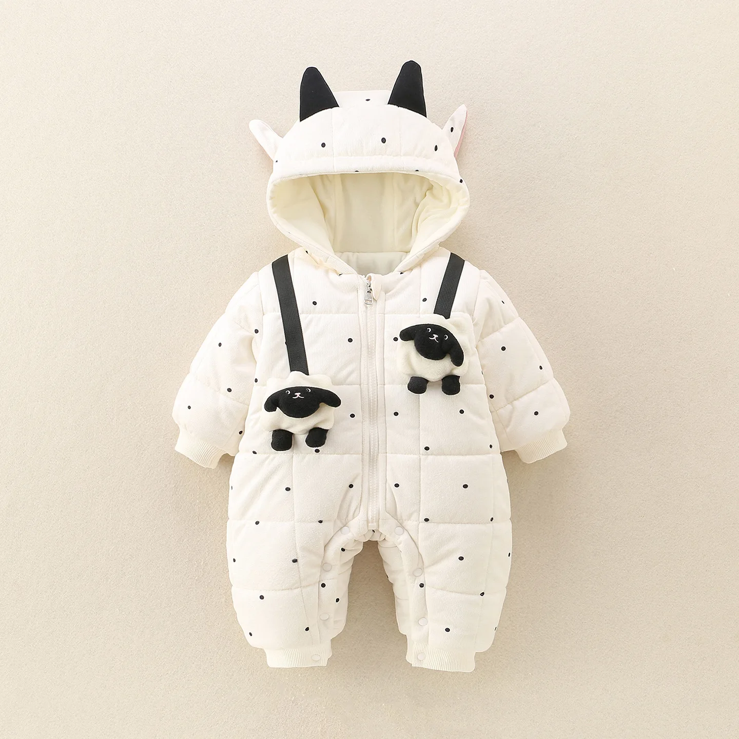 

UNITIM Toddler Boys Rompers Hooded Sheep Applique Thicken Warm Newborn Girls Jumpsuits Winter Polka Dots Kids Baby Boys Onesie