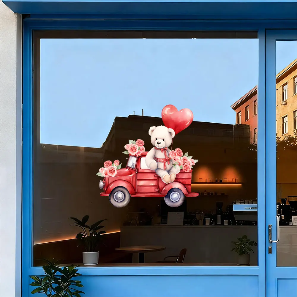 1 Valentine's Day White Bear Truck Sticker, Rose Sea Heart-Shaped Window and Door Decoration Sticker, Suitable for Bedroom and Living Room Decoration, Easily Create a Dreamy World