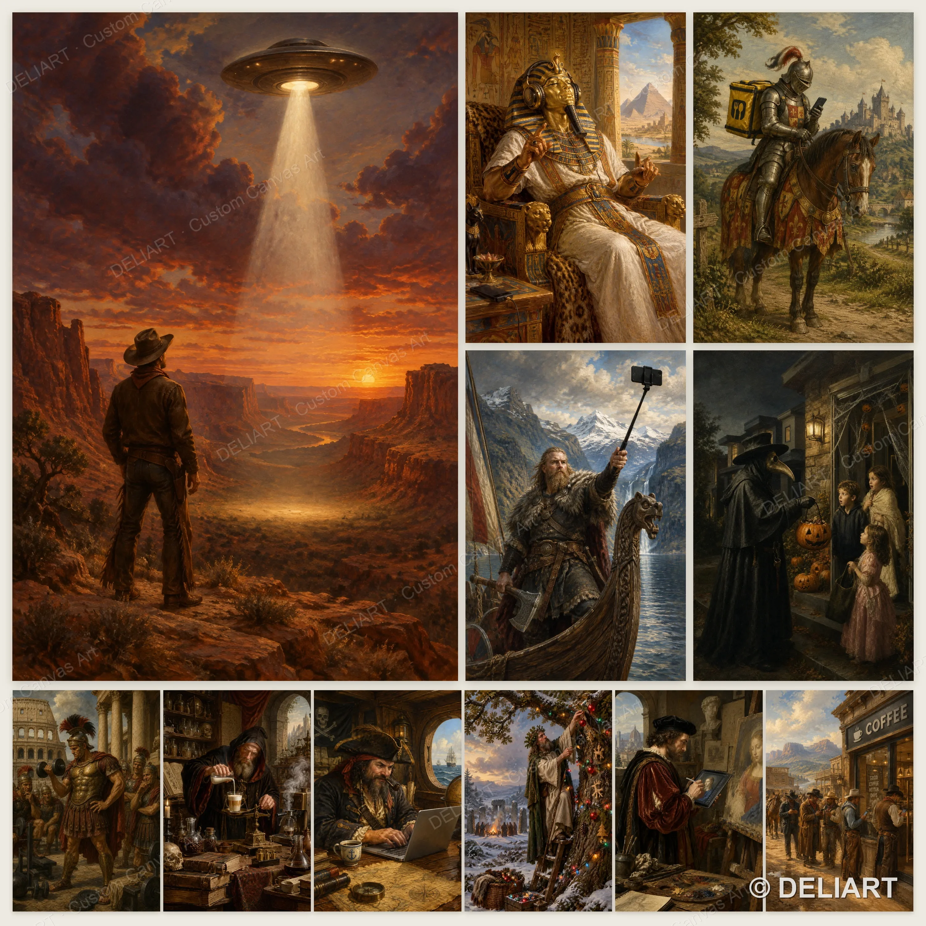 1 & 3 PCS Funny Renaissance Canvas Poster Knight Cowboy UFO Pharaoh Viking Medieval Meme Humor Wall Art Home Decor Unframed