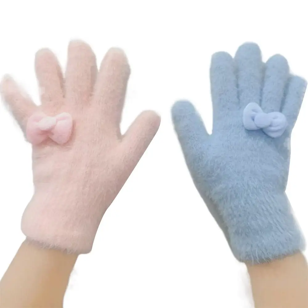 

Warm Bow Furry Gloves Cold-proof Solid Color Five Finger Gloves Breathable Thickened Mittens Men Women