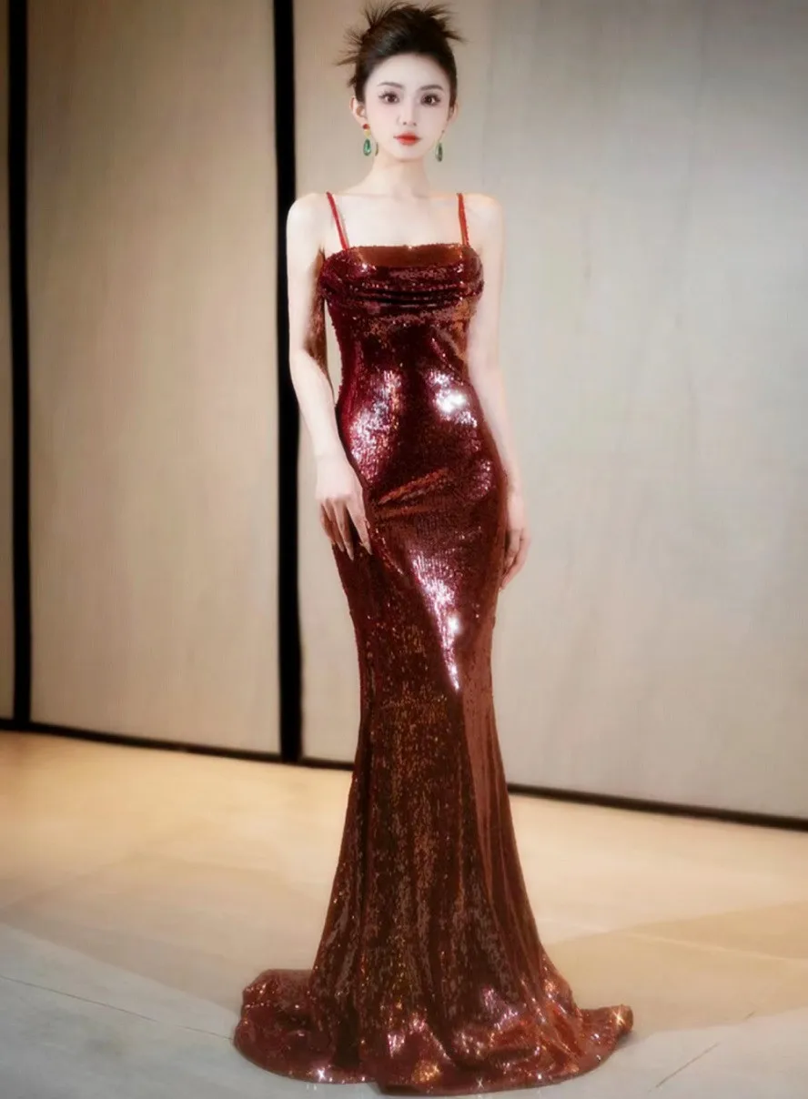Europe Trend Strap Sequin Party Toast Gown Fish Tail Host Banquet Evening Dress Luxury French Bride Engagement Attire TP067