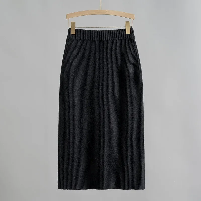 Spring Wool Alpaca Elastic High-waisted Ribbed Knitted Straight Slim White Skirt for Women