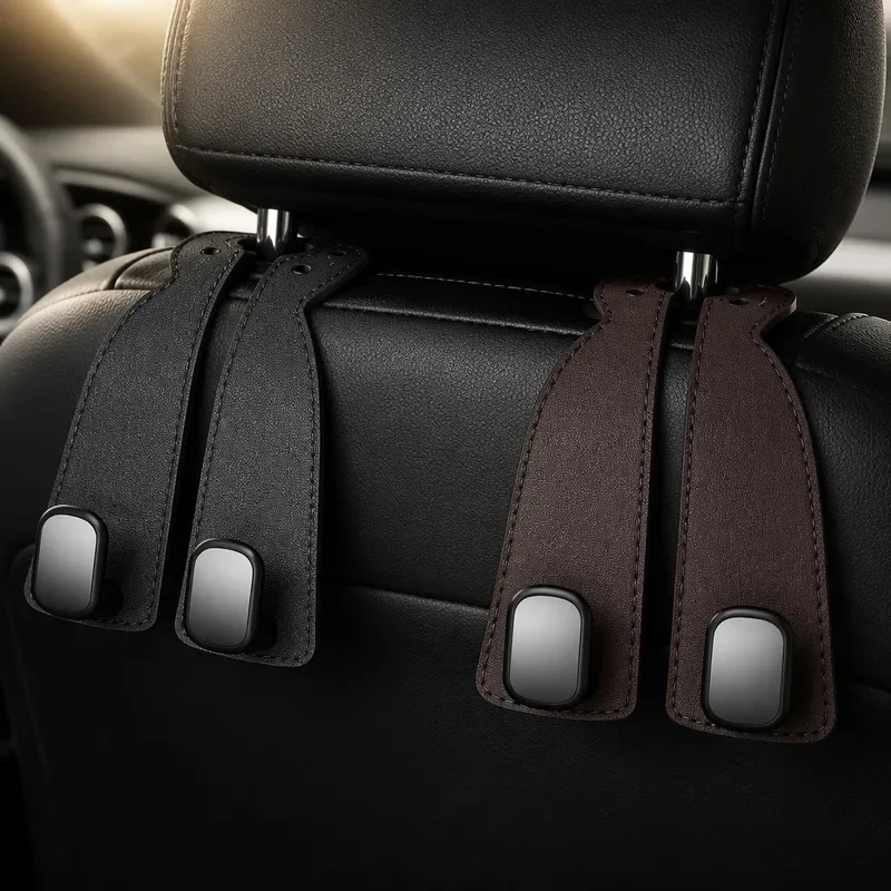 2pcs Car Headrest Hook Faux Leather Space Saving Organizer for Handbags and Shopping Bags Suitable for SUV and Mini Vehicles