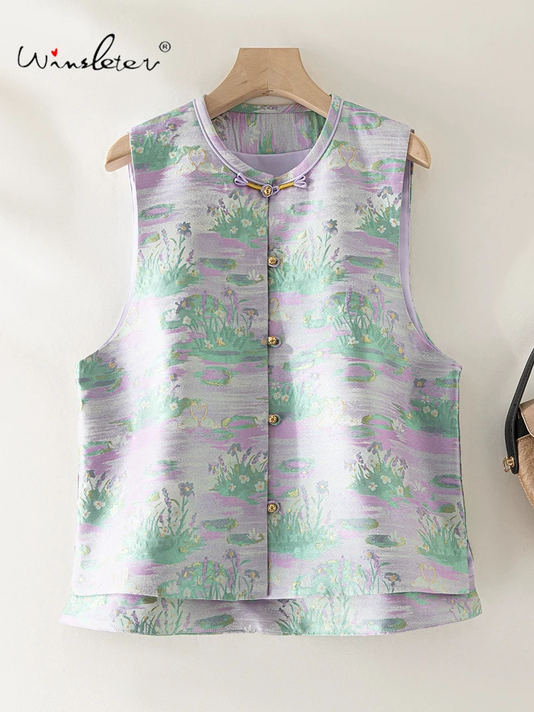 

Winsleter-100%Real Silk Song Brocade Elegant Vest Coat, O Neck Swan Lake, Women Retro Casual Waistcoat, 2025 Winter New C5N006CC