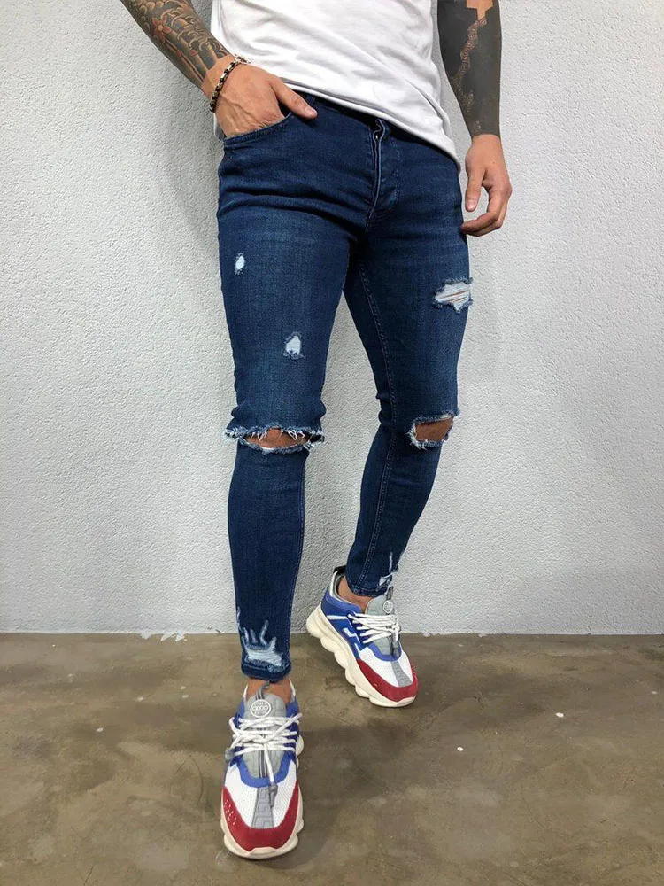 Fashion Street Style Knee Ripped Skinny Jeans Men Vintage Wash Solid Denim Trouser Mens Casual Slim Jogging Pants Men Clothes