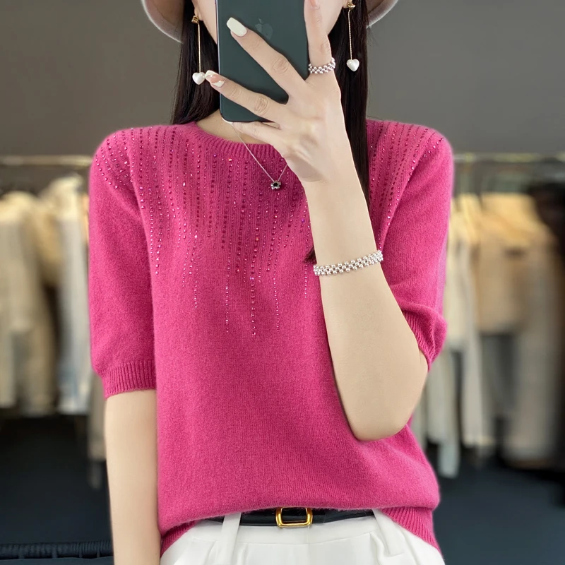 Women's Summer Top With Diamond Round Neck T-shirt Seamless 100% Fine Spin Wool Knitted Short Sleeve Korean Fit Y2K Sweater