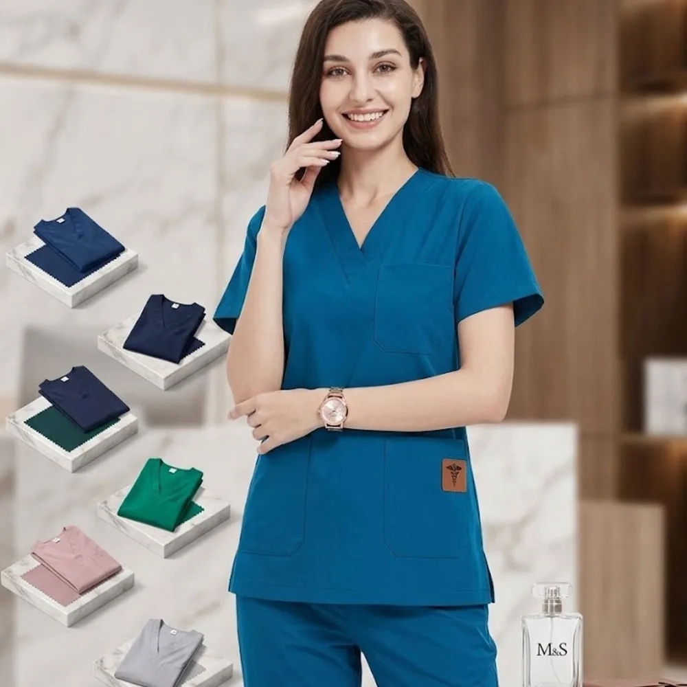 Ensemble uniforme élastique à col en V pour femmes, tenue de travail longue pour hôpital, lavable à la main