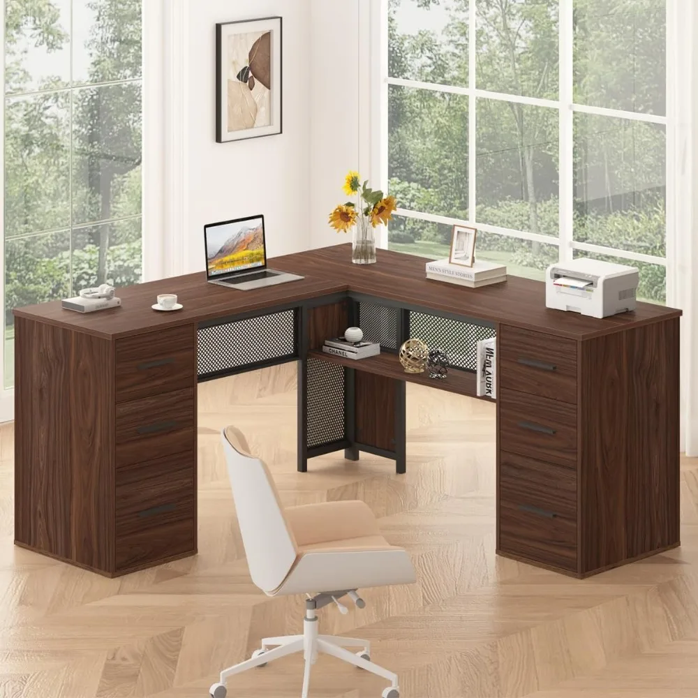 Home Office Metal Wood Computer Desk for Work Writing Study Gaming, Rustic L-Shaped，Large L Shaped Executive Desk with Drawers