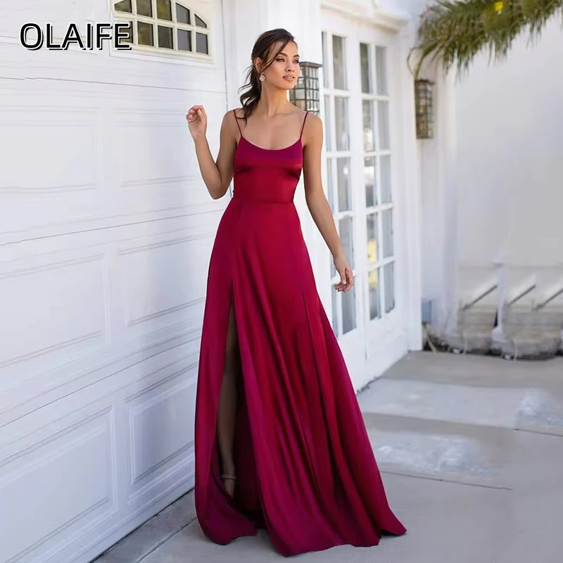 

Olaife Sexy A Line Simple Evening Dress Spaghetti Strap High Side Split Prom Party Gowns Corset Backless Celebrity Dresses