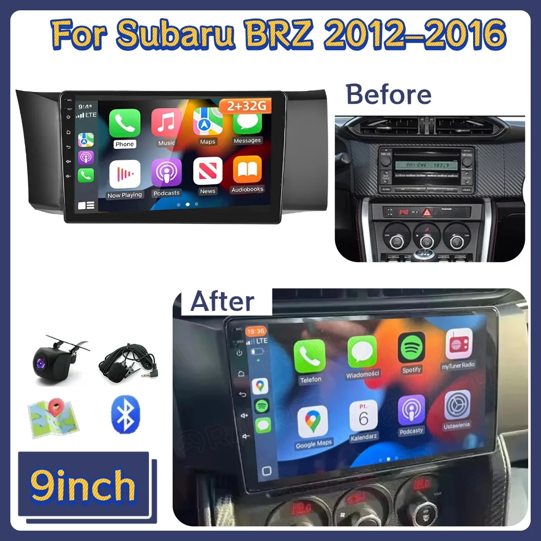 

9in 2+64G Car Stereo Radio For Subaru BRZ (Left-Hand Drive) 2012–2016 Android 13 For Carplay GPS Navigation Head Unit Bluetooth