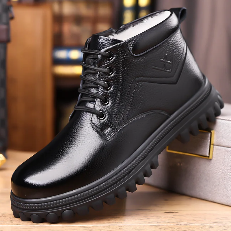 Men's Winter Business Leather Boots Thick Sole Snow Boots Top Layer Cowhide Plush Warm High Top Leather Shoes